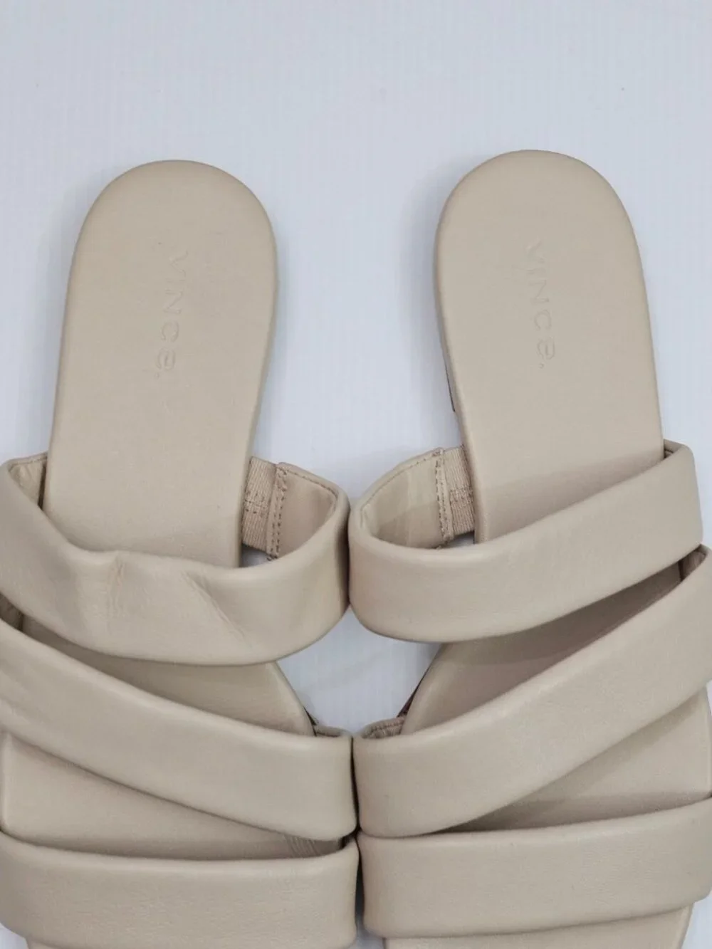 Vince Dallas Flat Slide Sandal Womens 9.5 Beige Leather Triple Strap Square Toe